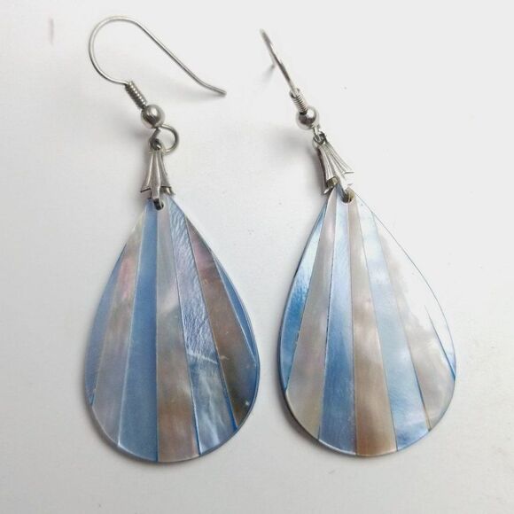 Vintage Blue Striped Radiant Drop Shape Dangle Earrings, Retro Shiny Estate - Picture 2 of 6